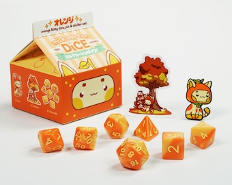 Orange Cat Dice – Citrus Kawaii DnD Dice Set | RPG Resin Dice w/ Pin & Sticker