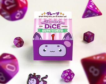 Grape Cat Dice – Kawaii DnD Resin Dice Gift | Milk Carton Set w/ Pin & Sticker