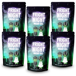 May include: Six black pouches of "Fright Night Mystery Dice" are displayed. Each pouch features a spooky illustration of a zombie couple and the product name in a purple and white design. The background has a green graveyard scene.
