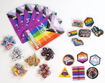 Pride Mystery Dice 6 Pack – Queer Friendly Dice, Pins, and Stickers! No Duplicates!