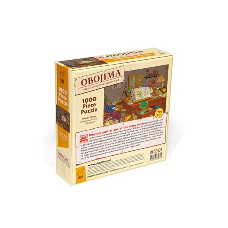 May include: A tan puzzle box with the title "OBOJIMA" and the text "1000 Piece Puzzle." The box features an illustration of a witch's study. The box also includes the text "Ages 14+".