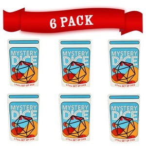 May include: Six packs of "Mystery Dice" are displayed, each in a white and blue package. The packages feature the text "Mystery Dice" and a geometric design. A red banner at the top reads "6 PACK". Each package contains a full set of dice.