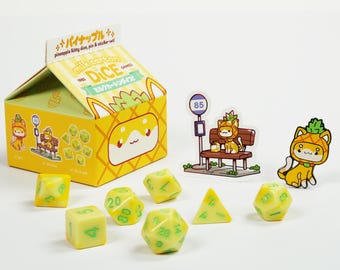 Pineapple Cat Resin Dice Set with Enamel Pin and Sticker (Milk Carton Box)