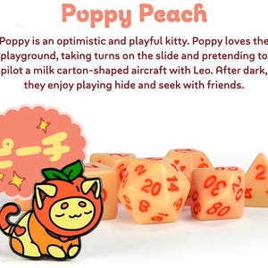May include: Peach-coloured dice with red numerals and a pin of a cat in a peach costume. The image includes the text "Poppy Peach" and Japanese characters.