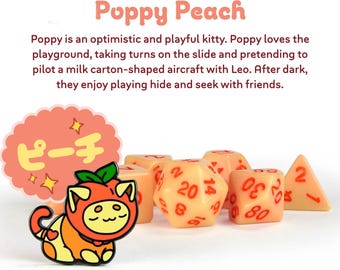 Peach Cat – Pink Kawaii RPG Dice Gift | DnD Dice Set w/ Pin & Sticker