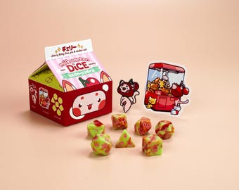 Cherry Resin Dice Set – Kawaii DND Dice with Pin & Sticker