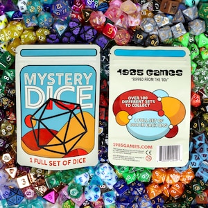 May include: Two packs of "Mystery Dice" are displayed against a backdrop of colorful polyhedral dice. The front of the pack reads "Mystery Dice" with a geometric design. The back of the pack says "1985 Games" and "Over 100 Different Sets to Collect."