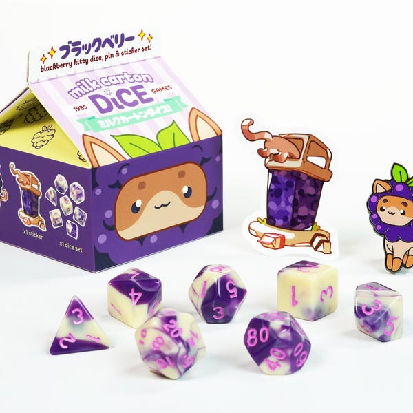 Blackberry Resin Dice Set – Kawaii DND Dice with Pin & Sticker