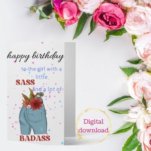 Sass and Badass/ Feliz Cumpleaños, Hermosa / Imprimible Jeans Tarjeta de Cumpleaños, Tarjeta de Cumpleaños Imprimible Divertida, Tarjeta de Cumpleaños Digital
