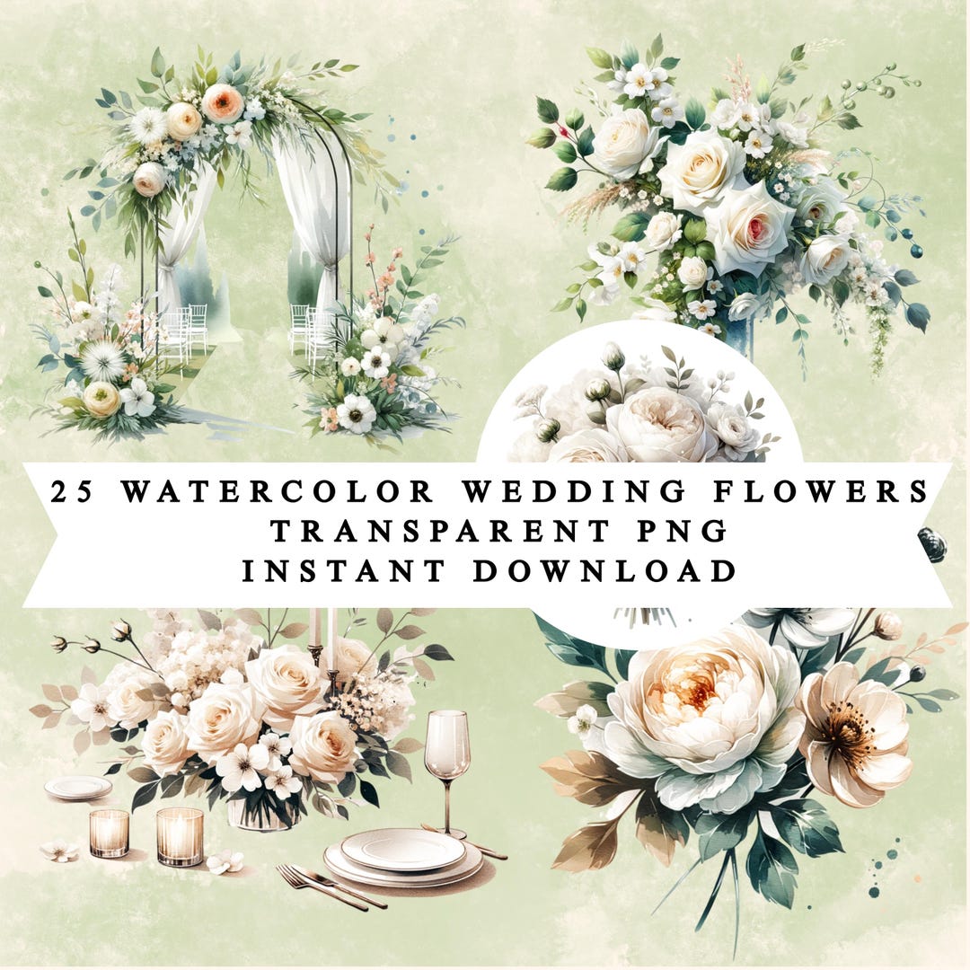 Watercolor Wedding Flowers Clipart Bundle, White & Ivory Floral PNG ...