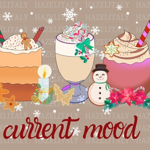 May include: A digital illustration of three winter beverages with festive decorations. The beverages include a mug of hot chocolate with a gingerbread man, a glass of eggnog with a candy cane, and a glass of hot cocoa with whipped cream and a snowflake. The text "current mood" is written in red at the bottom of the image.