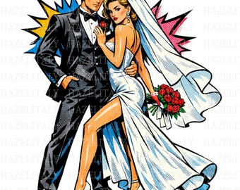 Pop Art Wedding Couple Illustration PNG | Bold Bride & Groom Comic Style | Modern Wedding Art Digital Download