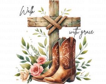 May include: A watercolour illustration depicts a wooden cross with rope detail, brown cowboy boots, and floral accents. The text "Walk with grace" is written in a script font. The colour scheme includes shades of brown, green, and pink.
