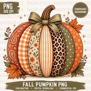 Può includere: Un'illustrazione digitale di una zucca con segmenti verticali dai motivi vari, tra cui paisley, quadretti vichy arancioni, fiori, righe, stampa leopardata e pois. Un grande fiocco verde oliva è posizionato sopra il picciolo.