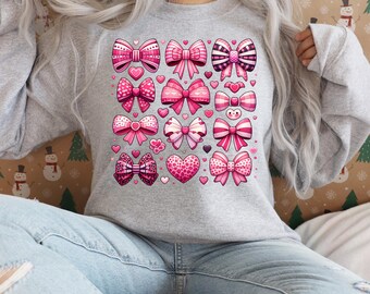 Pink Valentine Bow Clipart,Cute Heart and Bow,Digital Download,Valentine's Day Coquette Bow, Retro Valentine Shirt,Sublimation Design