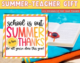 Summer teacher gift tag. Teacher end of year gift. Summer Color Retro Beach Towel, water bottle, gift 4x4 square. Schools out for summer