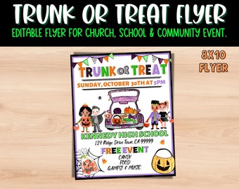 Folleto del evento Trunk Or Treat. Para la escuela de la iglesia y la comunidad. Plantilla parcialmente editable.
