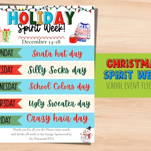 Holiday Spirit week school flyer. Festive spirit week PTO flyer. Editable Pta flyer for school fundraiser. Spirit week planner.