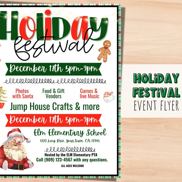 Holiday Festival Flyer editable template. Fundraiser flyer for church, sports, school, and community events. Christmas Event Invitation.