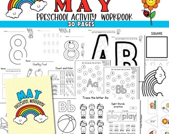 MAYO Cuaderno de trabajo de preescolar. Actividad preescolar de primavera. Actividad para COLOREAR de primavera para preescolar / Búsqueda del tesoro de primavera / Comida saludable