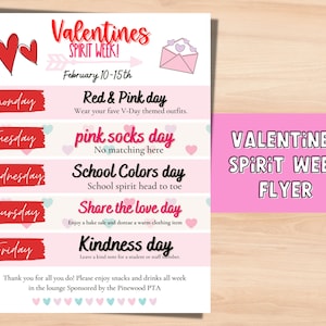 Valentines Spirit week school flyer. Festive spirit week PTO flyer. Editable Pta flyer for school fundraiser. Spirit week planner.