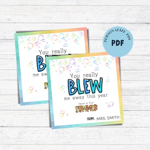 May include: Two printable cards with a rainbow background and colorful bubbles. The text on the cards reads "You really BLEW me away this year. Have a fun SUMMER. From, MRS. SMITH."