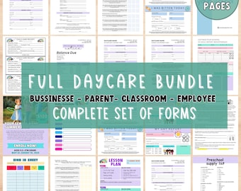 May include: A collage of colorful printable forms for a daycare business. The forms include a sign-in sheet, lesson plan, allergy form, child care receipt, and more. The text "FULL DAYCARE BUNDLE" is in large, green letters at the top of the collage.