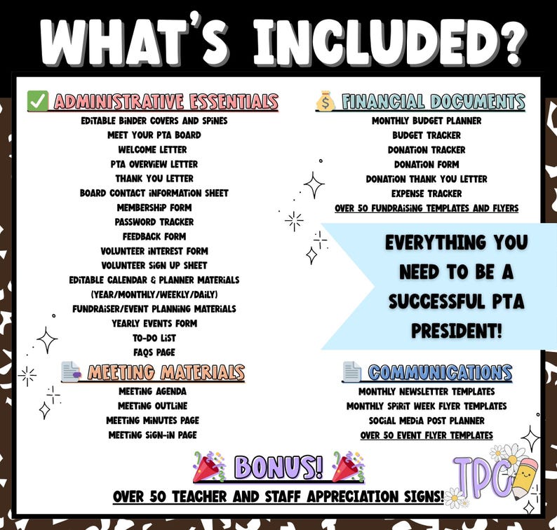May include: A black and white graphic with the text "WHAT'S INCLUDED?" lists administrative essentials, financial documents, meeting materials, and communications templates. Includes a bonus of teacher and staff appreciation signs.