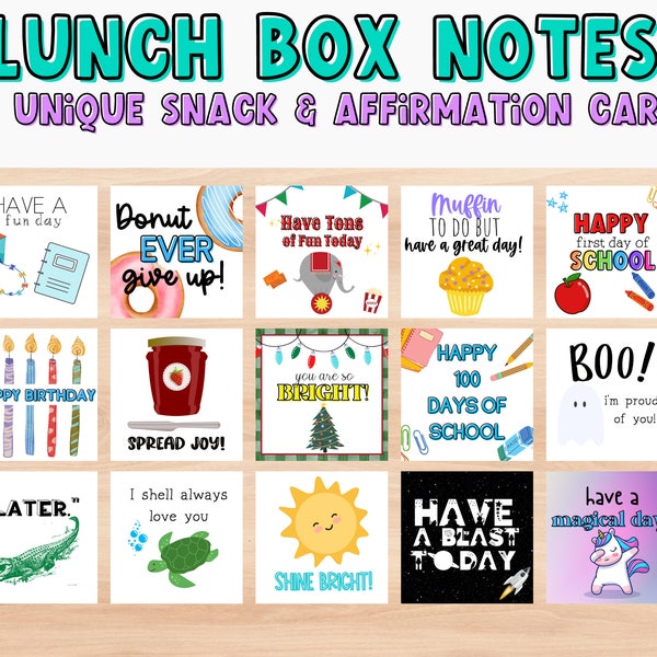 Printable lunchbox notes for kids and preschool. Boys & girls. affirmation cards. Snack notes and holiday cards.