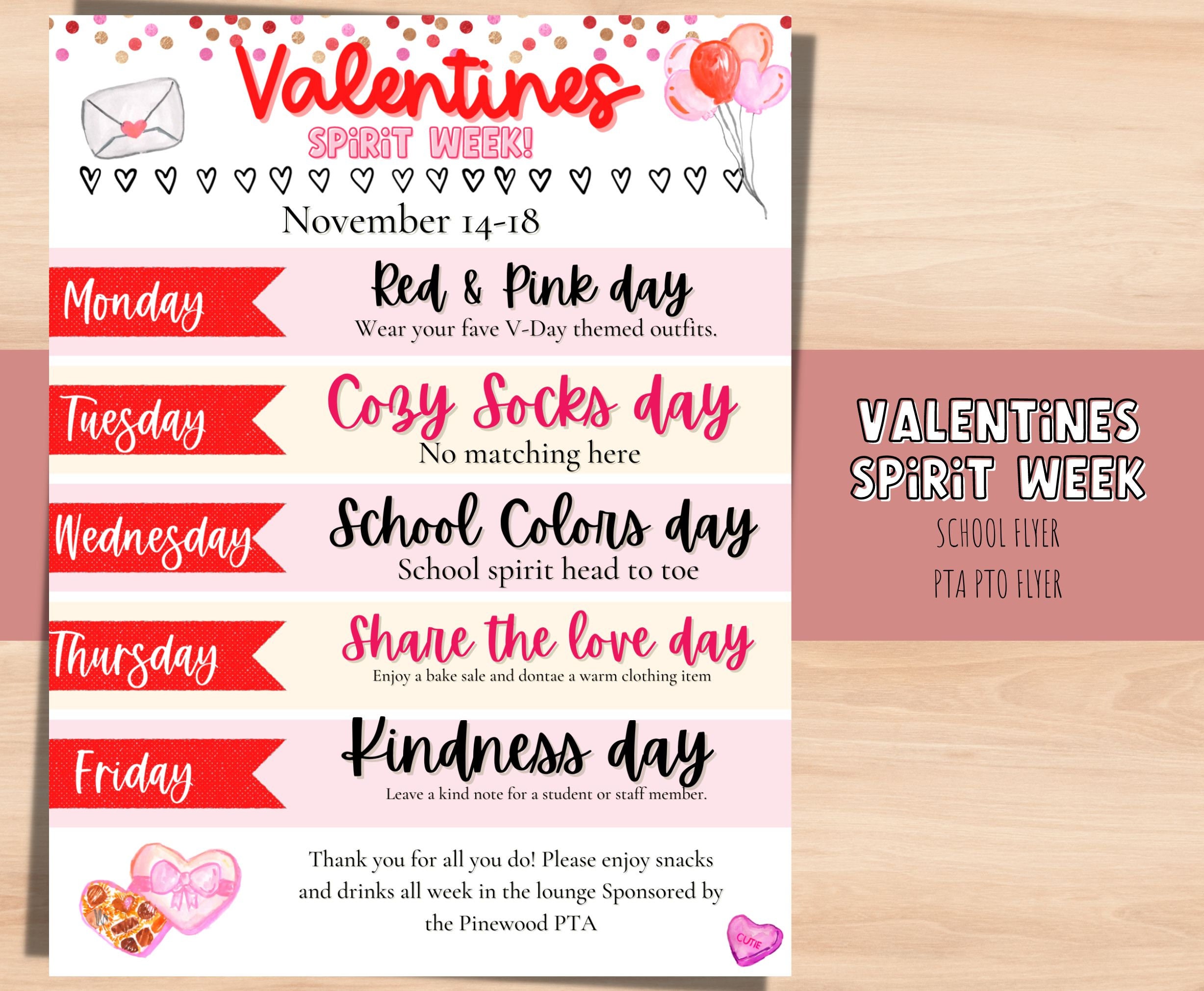 Valentines Spirit week school flyer. Festive spirit week PTO