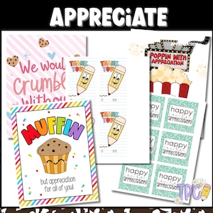 May include: A collection of appreciation-themed stationery items. Includes cards with phrases like "We would crumble without you" and "Muffin but appreciation for all of you!" Also features "Thank You" pencil cards and stickers.