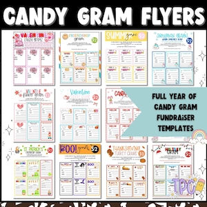 May include: A collection of colorful Candy Gram Flyers for various occasions, including Valentine's Day, Friendship, Summer, and Halloween. Each flyer features a unique design with space for messages and a price tag of $2. The flyers are designed as fundraiser templates.