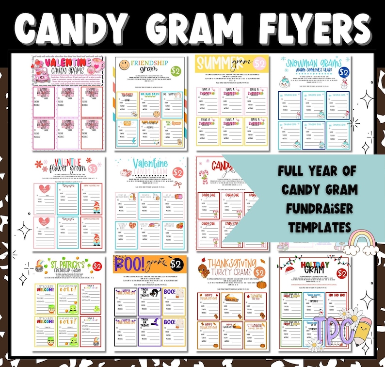May include: A collection of colorful Candy Gram Flyers for various occasions, including Valentine's Day, Friendship, Summer, and Halloween. Each flyer features a unique design with space for messages and a price tag of $2. The flyers are designed as fundraiser templates.
