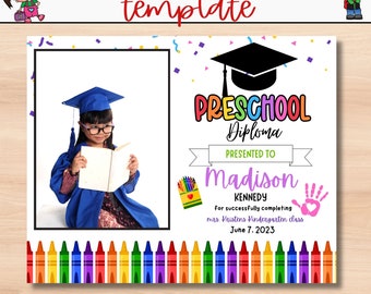 Editable preschool diploma with photo, personalized graduation certificate | Preschool Grad | Preschool Promotion