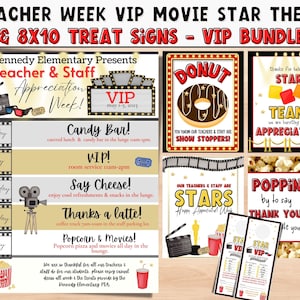 Movie Hollywood Teacher appreciation week theme. Teacher & Staff appreciation template. PTO PTA Template. Treat sign Itinerary template.
