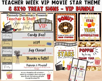 May include: A set of printable 8x10 inch signs with a movie star theme for teacher appreciation week. The signs feature red, yellow, and black colors with images of popcorn, a donut, a film reel, and a star. The text on the signs includes "Candy Bar", "VIP", "Say Cheese", "Thanks a Latte", "Popcorn & Movies", "Donut", "Show Stoppers", "Stars", "Star", "Team", "Appreciation", "Poppin' by to say Thank You!"