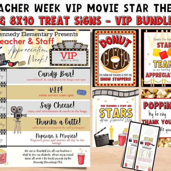 Movie Hollywood Teacher appreciation week theme. Teacher & Staff appreciation template. PTO PTA Template. Treat sign Itinerary template.