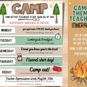 Camp theme weekly itinerary for teacher appreciation week. Flyer for Teacher Appreciation.