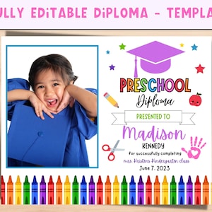 Diploma de graduación. Diploma de preescolar editable con foto, certificado de graduación personalizado