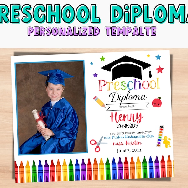 Editable preschool diploma with photo, personalized graduation certificate