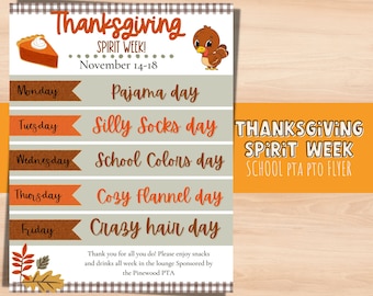Thanksgiving Spirit week school flyer. Fall spirit week PTO flyer. Editable Pta flyer for school fundraiser. Spirit week planner.
