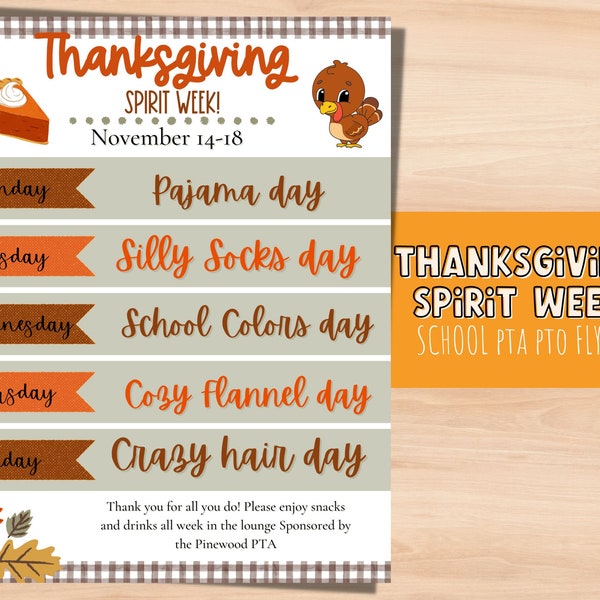 Thanksgiving Spirit week school flyer. Fall spirit week PTO flyer. Editable Pta flyer for school fundraiser. Spirit week planner.