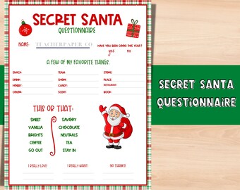 May include: A printable Secret Santa questionnaire with a red and white striped border. The questionnaire asks for favorite things, including snacks, drinks, hobbies, and colors. It also includes a "This or That" section with options like sweet or savory, vanilla or chocolate, and go out or stay in. The questionnaire is decorated with a cartoon Santa Claus.