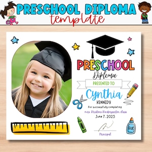 Bearbeitbares Vorschuldiplom mit Foto, personalisiertes Abschlusszertifikat | Vorschulabschluss | Letzter Schultag | Pre-k Grad