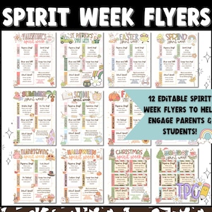 May include: A collection of twelve colorful spirit week flyers with various themes, including Valentine's, St. Patrick's, Easter, and Christmas. The flyers are designed to engage parents and students. Text on the flyers includes daily themes and school spirit ideas.