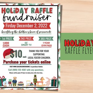 Ulotka Holiday Raffle Flyer edytowalny szablon. Ulotka zbiórki funduszy na wydarzenia kościelne, sportowe, szkolne i społecznościowe. Christmas Raffle Printable.