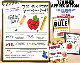 Teacher appreciation week ITINERARY Schedule and treat signs. Teacher Appreciation week.