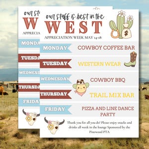 WESTERN Teacher Appreciation Itinerary | Teacher Appreciation week | NURSE appreciation week schedule template | Best in the west