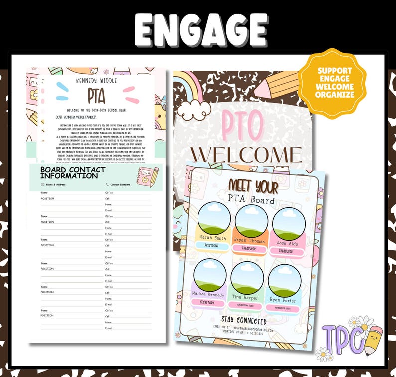 May include: A colorful PTA welcome packet with the text "ENGAGE" at the top. The packet includes a welcome message, board contact information, and a "Meet Your PTA Board" section with photo placeholders. The design features rainbows and pencils.