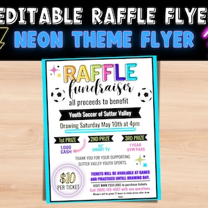 Raffle Flyer editable template. Neon theme soccer, church, community fundraiser flyer.